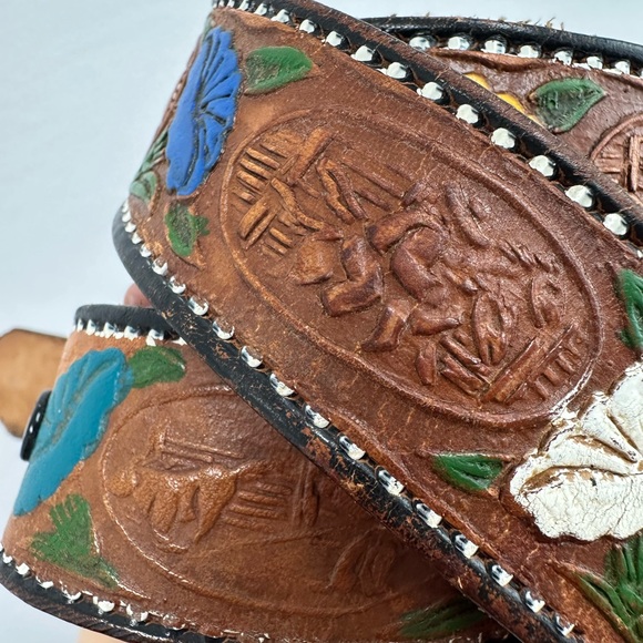 Vintage Western Brown Tooled Leather Belt Made in Mexico Hand Painted Size M - Picture 8 of 12